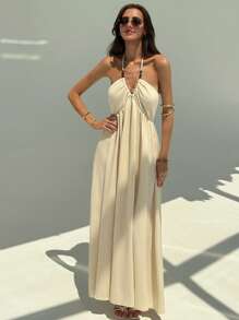 Aloruh Women's Summer Sexy Beach Vacation Style Solid Color Chest Ruched Backless Halter Dress - Apricot - View 5
