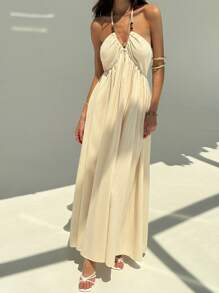 Aloruh Women's Summer Sexy Beach Vacation Style Solid Color Chest Ruched Backless Halter Dress - Apricot - View 6