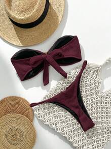Swim Chiccia Springbreak 女款素色提花面料抹胸金屬裝飾性感比基尼泳衣 夏季海灘度假適用 - 酒紅色 - 查看 2