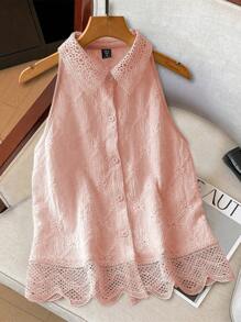 Regalyn Plus Size Summer Casual Lace Patchwork Front Button Sleeveless Shirt