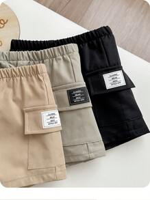 Set de 3 pantalones cortos de verano casuales y versátiles para bebé niño/niña, de unicolor, con bolsillo con letra, cintura elástica y multipaquete a juego - Multicolor - Ver 3