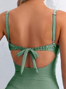 SHEIN Swim Women's Sexy One-Piece Striped Hollow Front Lace-Up Back Swimsuit For Summer Beach Vacation