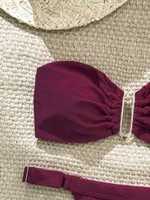 Swim Chiccia Springbreak Women Summer Solid Color Bustier With Metallic Decor And Thong Bikini 2 Pieces Set, Minimalist