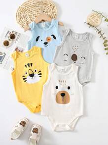 4件套新生儿男宝宝可爱卡通印花无袖连体衣套装，夏季图案 - 彩色 - 查看 8