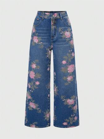 Fairycore Jeans amples à jambes larges pour femmes, imprimé floral vintage lavé