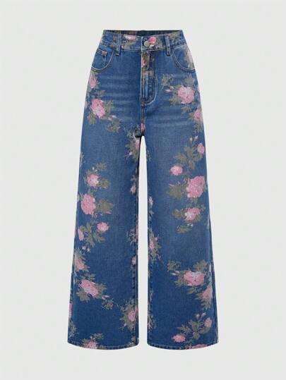 Fairycore Jeans holgados de pierna ancha con estampado floral vintage para mujer