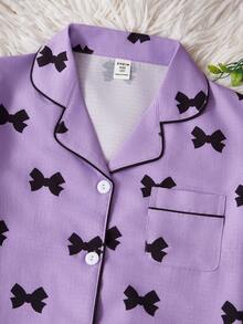 SHEIN 2件套女童杏色樱桃印花长裤短袖休闲宽松睡衣套装 - 紫色 - 查看 6