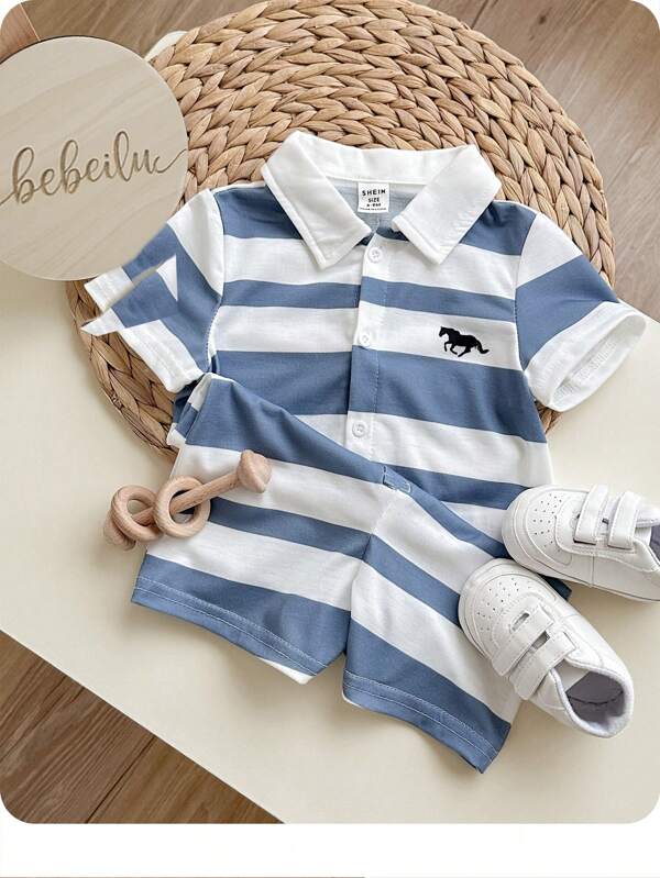 Mono de rayas de manga corta y cuello con solapa y shorts casuales para recién nacido (niño/niña)