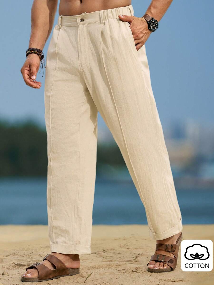 Manfinity RSRT بنطلون كاجوال قطني للرجال بلون أحادي وخط أمامي من الكتان، بنطلون قطني أبيض للشاطئ والصيف، خريف - بيج - مشاهدة 1
