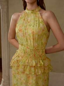 MOTF PREMIUM VESTIDO FRUNCIDO CON VOLANTES Y ESTAMPADO FLORAL - Amarillo - Ver 2