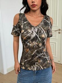 SHEIN Unity Women's Off-Shoulder Green Camo Short Sleeve T-Shirt,Vintage Branch Print Slim Fit Exposed Shoulder Summer Casual Vacation Tops,Halloween 2025 - Army Green - View 5