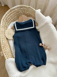 Quần yếm liền thân không tay cổ xanh navy phối màu cổ điển cho bé trai/bé gái, phong cách thường ngày của trường đại học, thích hợp cho kỳ nghỉ, du lịch, đi học, ở nhà và đi chơi vào mùa hè - Màu xanh lam - Xem 2