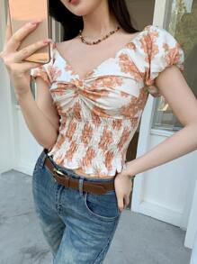 Celisse Blouse de vacances avec imprimé floral, manches bouffantes et torsade devant pour femmes