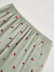 2pcs Teen Girls Apricot Color Minimalist Cherry Print Long Sleeve Top And Pants Set, Casual & Comfortable Home Wear Cute Pajama Set Cherry Pajama Set Fall Winter - Green - View 7