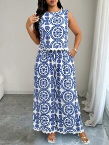 Elenzga Duży rozmiar, nadruk, swobodny, wakacyjny i dojazdowy, 2-częściowy zestaw - Niebieski - Zobacz 6