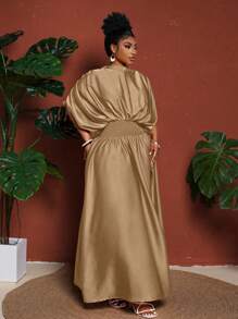 Maweii Vestido midi de verano de talla grande para mujer, de unicolor, con lazo delantero y abertura lateral alta - Marrón - Ver 5