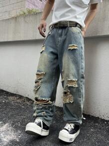 Manfinity EMRG Men's Fashion Distressed Pocket Wide-Leg Jeans - Light Wash - View 6