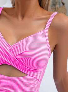 SHEIN Swim 女士夏季性感连体条纹前镂空后系带泳衣 - 玫紅色 - 查看 4