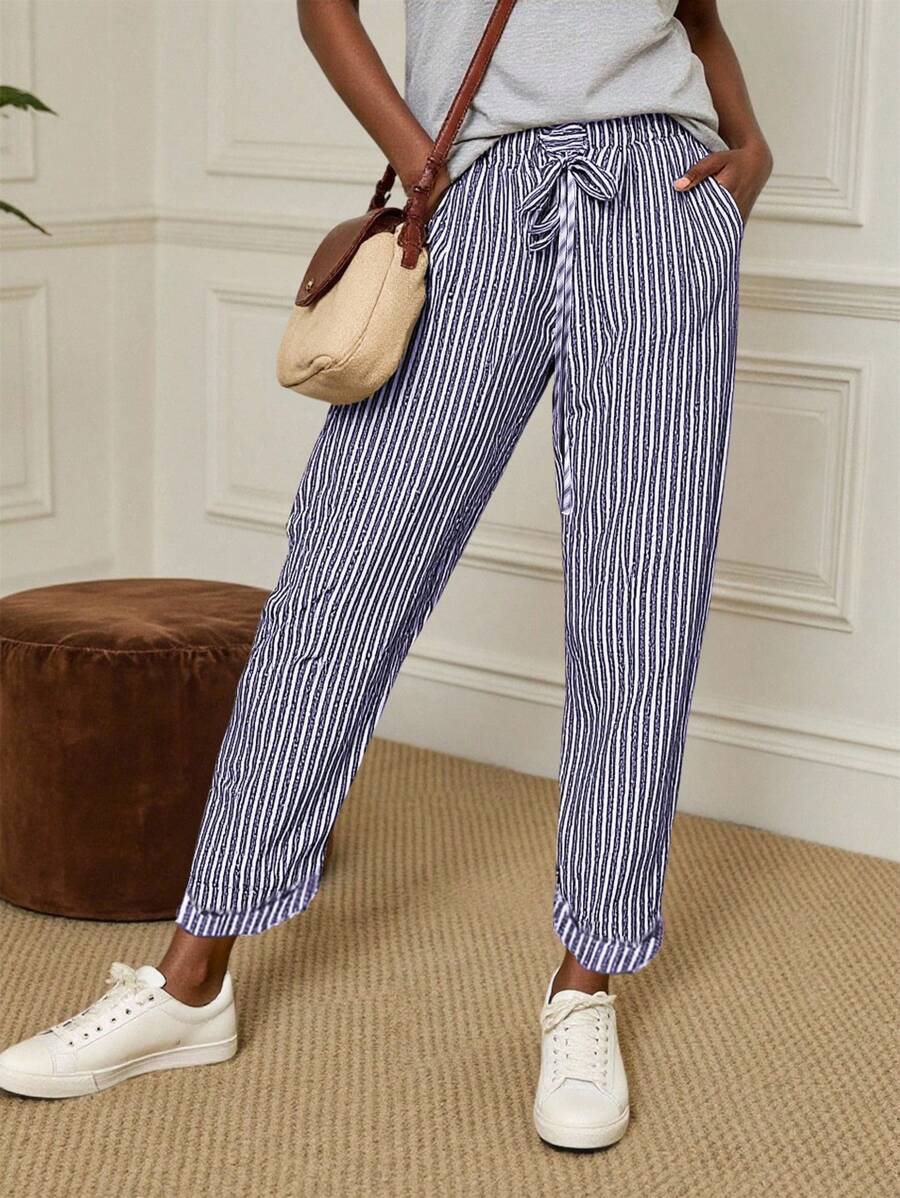 EMERY ROSE Striped Print Elastic Waist Loose Wide-Leg Pants, Stylish For Summer Fall Cloth For Women - Blue - View 1