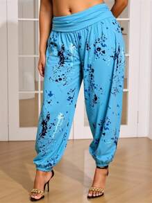 SHEIN Große Größen Hosen für Damen mit Farbverlauf-Blume Muster, hoher Taille, Taschen und verjüngtem Bein für den Urlaub im Sommer, regular fit, für Frühling/Sommer/Herbst