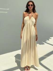 Aloruh Women's Summer Sexy Beach Vacation Style Solid Color Chest Ruched Backless Halter Dress - Apricot - View 4