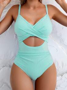Swim Basics 女式性感条纹连体泳衣，前开式镂空，后系带 - 薄荷綠 - 查看 3