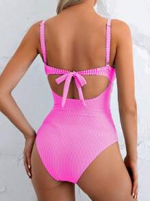 SHEIN Swim 女士夏季性感连体条纹前镂空后系带泳衣 - 玫紅色 - 查看 2