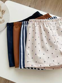 Baby Boy Baby Girl Colorful Vertical Striped Sailboat Pattern Solid Color Elastic Waist Casual Shorts 4pcs Set - Multicolor - View 2