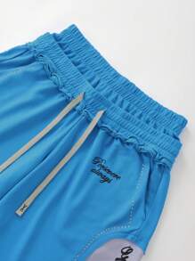 ROMWE MEN Men's Street Life Letter Print Drawstring Waist Double Layer Casual Shorts - Blue - View 3