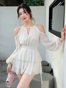 Celisse Women's Beige Keyhole Neckline Mini Dress Casual Woven Tiered Dress With Long Sleeves And Cold Shoulder Detail Fall Cloth For Women