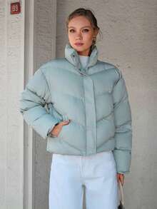 CLARA VERO Women, Winter, Snow, Ski, Crop Length, Regular Fit, Fly, Zipper Snap Button, Pocket Puffer Jacket Winter Jacket Sage Green Puffer Jacket Crop Puffer Jacket Light Green Puffer Jacket - Mint Green - View 5