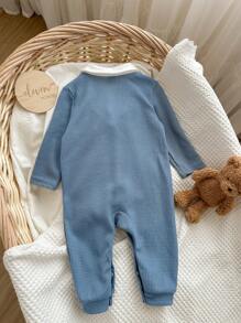 新生婴儿男孩女孩两件套蓝白柔软舒适亲肤温暖纹理华夫格面料开裆宽松连体裤可爱卡通熊衬衫领休闲百搭适合居家或外出