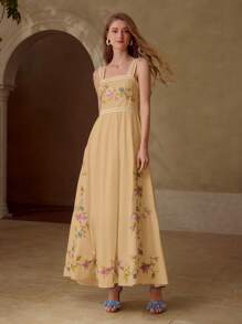 MOTF PREMIUM LINEN EMBROIDERY CONTRAST TRIM DRESS