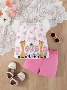 SHEIN Bộ đồ không tay in họa tiết động vật dễ thương dễ thương cho bé gái kết hợp với quần short màu hồng cho mùa hè - Hồng - Xem 3