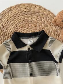 Newborn Baby Boy Summer Cute Knit Striped Short Sleeve Romper, Suitable For Birthday Party, Evening Party, Performance, Wedding, One-Month, Christening And 1st Birthday Celebration, Baby Shower