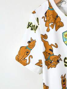 SCOOBY-DOO X SHEIN Set di maglietta a maniche corte bianca casual e pantaloncini larghi per ragazzi, con stampa di cucciolo e auto a tema cartoni animati