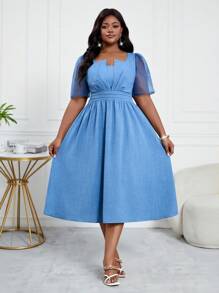 SHEIN Lady Vestidos de oficina de talla grande con mangas abullonadas, contraste de malla, cinturilla plisada y falda acampanada, elegantes para primavera y verano
