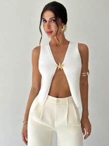 Firerie Women's Summer New Elegant Minimalist Beach Vacation Wear White V-Neck Sleeveless Tank Top With Metal Star Decor Knitted Sweater - White - View 6