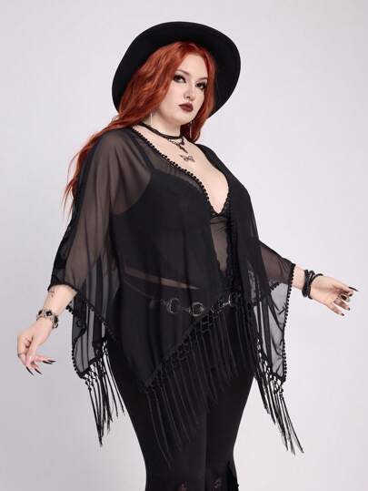 EDITION Cárdigan asimétrico con flecos para mujer talla grande, de estilo vintage barroco, romántico y gótico, con gráfico de vid de luna y textura de tela flocada, ideal para primavera, verano y vacaciones hippie, con hombros sin costuras