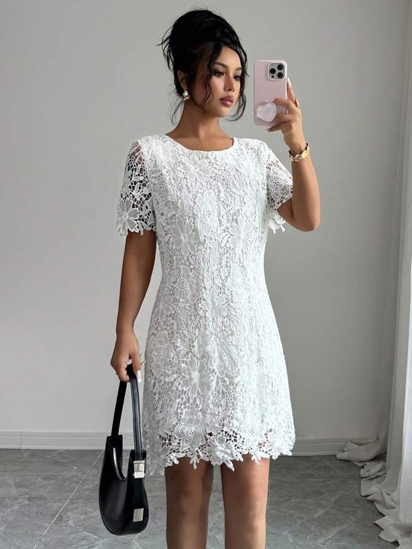 Elenzga Women's Summer White Textured Fabric Small Niche Design Elegant Round Neck Short Sleeve Cropped Dress