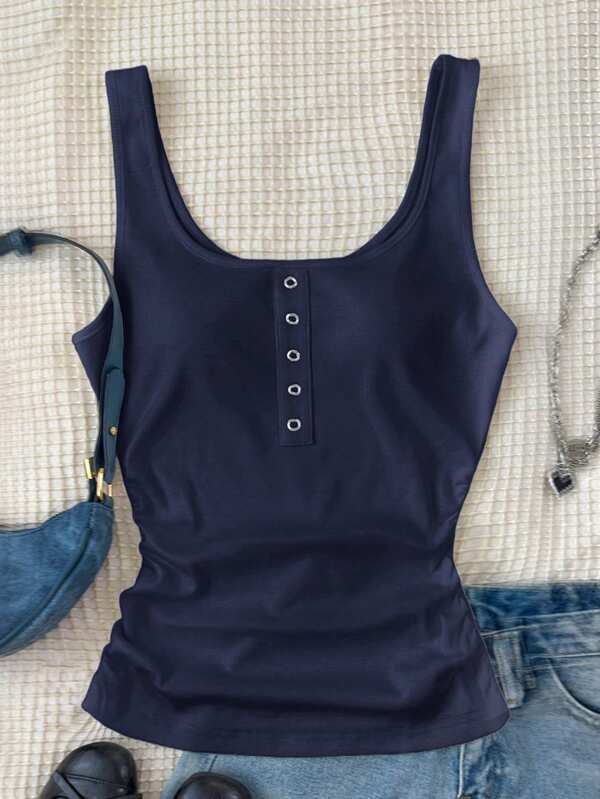 SHEIN Plain Navy Blue Regular Length Tank Top In Ribbed Fabric For Comfortable Everyday Wear Navy Blue Tank Top Navy Tank Top Dark Blue Tank Top Navy Blue Bodysuit Tank Top For Teen Girl