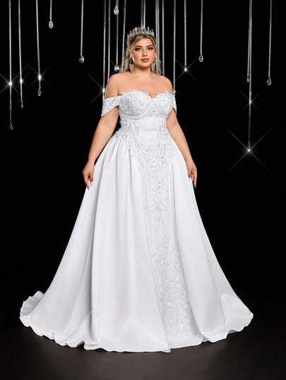 SHEIN Belle Plus Size Summer Elegant Romantic White Off Shoulder Hanging Sleeves Sequins Embroidered Lace Applique Fluffy Wedding Dress Suitable For Dance Vacation Wedding Photos Honeymoon Wedding Event Bride Wedding Dress, Valentine's Day