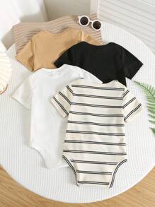 4pcs Baby Boys/Girls Spring/Summer Cute Knitted Elastic Striped Short Sleeve Bodysuits Basic Bodysuit Multi-Pack
