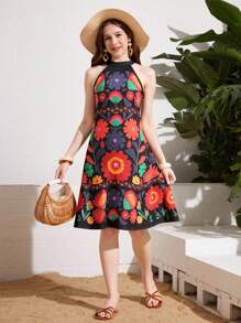 少女甜美花卉印花露肩连衣裙，时尚 - 彩色 - 查看 3