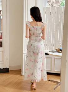 SHEIN LUNE Elegant Floral Print Sleeveless Midi Dress, Minimalist Style For Commute - Apricot - View 2