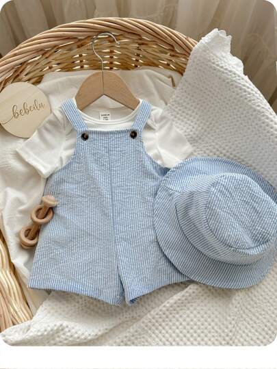 2pcs/Set Baby Boy/Girl Summer Blue & White Striped Bib Overall Shorts With Bucket Hat, Casual Outfit For Home, Vacation, Beach