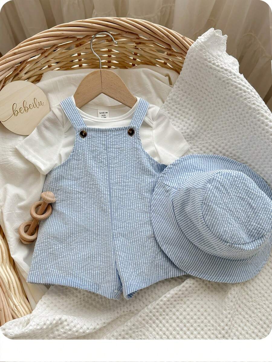 2 件套男婴/女婴夏季蓝白条纹背带短裤配渔夫帽,休闲装,适合居家、度假、海滩 - 藍白色 - 查看 1