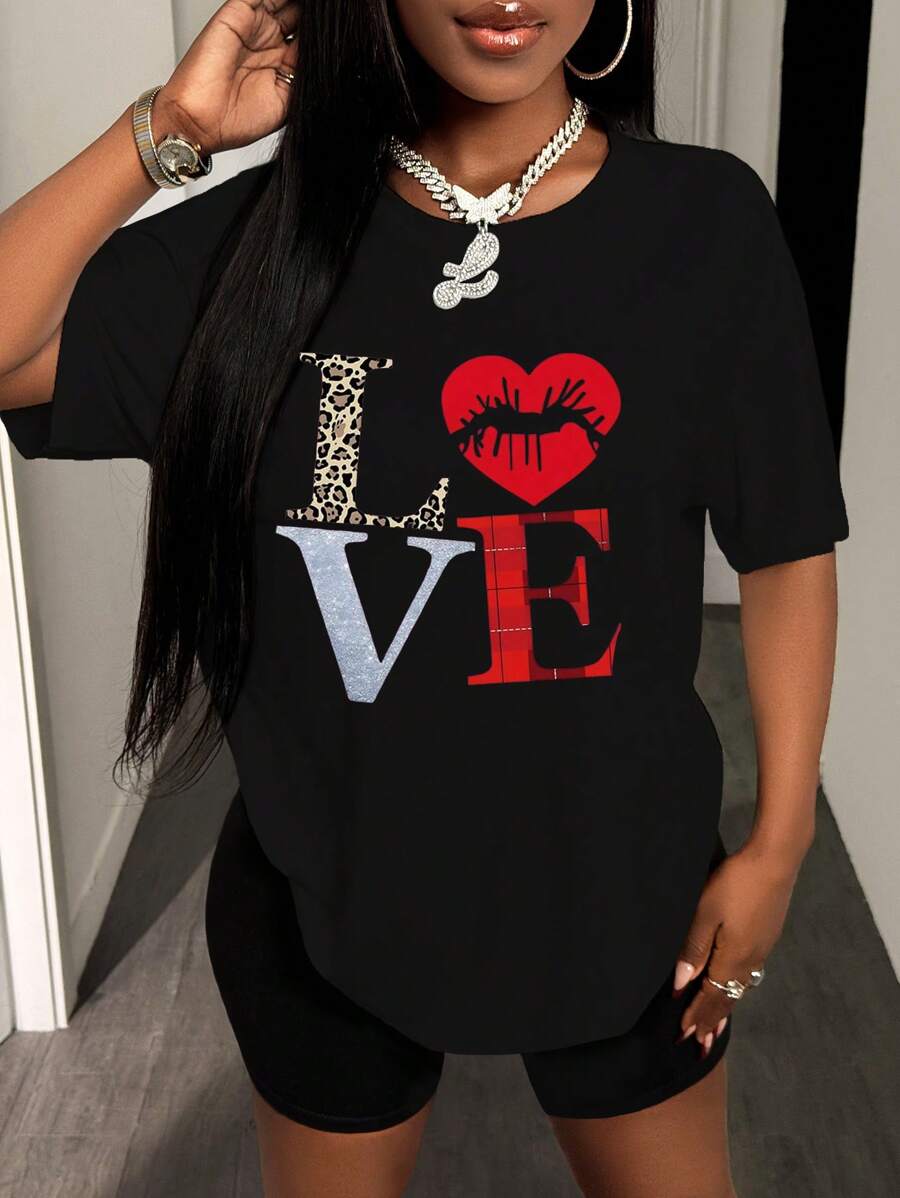 Zolique 宽松落肩短袖 T 恤，带字母和嘴唇印花图案，女式上衣 - 黑色 - 查看 1