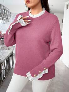 EMERY ROSE 1pc Women Plus Size Elegant Floral Ruffle Trim Crew Neck Long Sleeve Sweater, Suitable For Autumn/Winter Fall - Pink - View 5