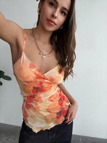 Aloruh 女士夏季花卉印花荷叶边褶饰吊带背心